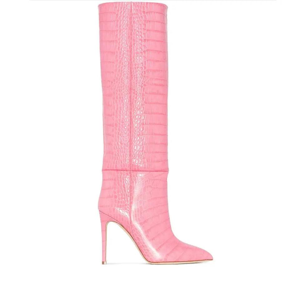 Women's High Boot Slip-on Crocodile Print Pointy Toe eprolo
