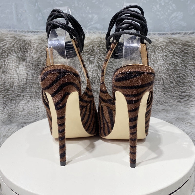 Dark Brown Hairy Zebra Women Pointed Toe Ankle Strap Slingbacks Stiletto Pumps