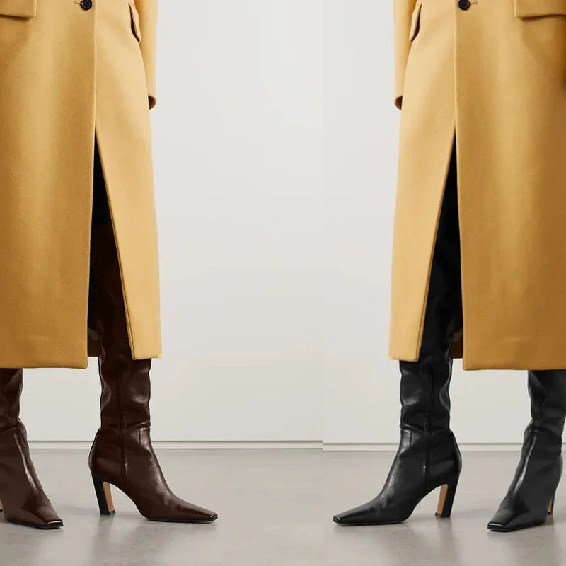 Autumn Winter Women Over Knee-High Boots Pointed Toe Real Leather Heels