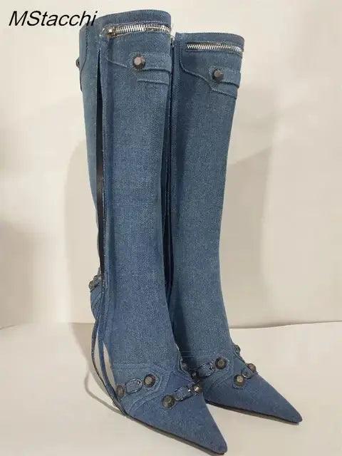 Zipper-Sid Long Botas De Mujer Metal Rivet Women High Knee Pointed Toe Boots eprolo