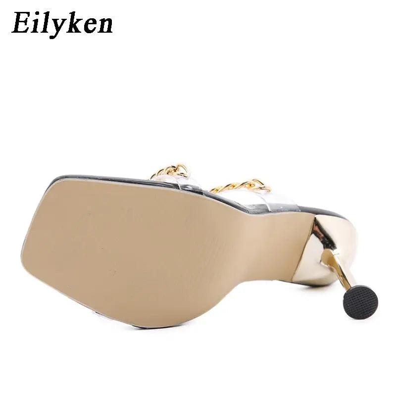 Sexy Transparent PVC Slippers Summer Thin High Heels Fashion With Chain Design Slip On eprolo