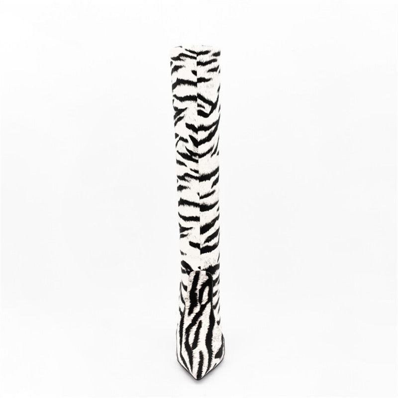 Tiger Print High Heel Pointed Toe Satin Stiletto Knee High Boots