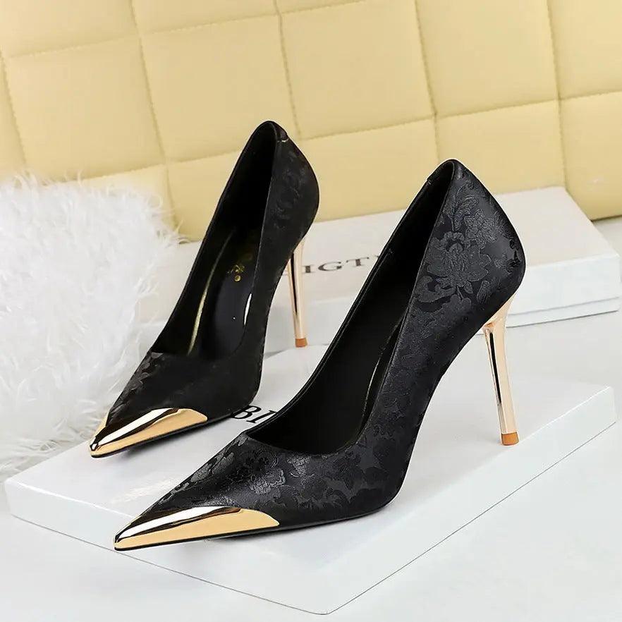 Chinese style women's high heels, silk thin heels, shallow mouth metal pointed satin, banquet high heels, single shoes for women eprolo