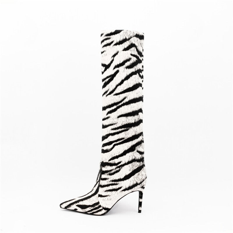 Tiger Print High Heel Pointed Toe Satin Stiletto Knee High Boots