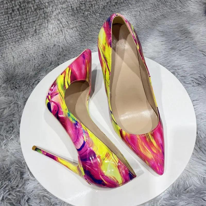 Glossy Colorful Print Women Pointed Toe High Heels eprolo