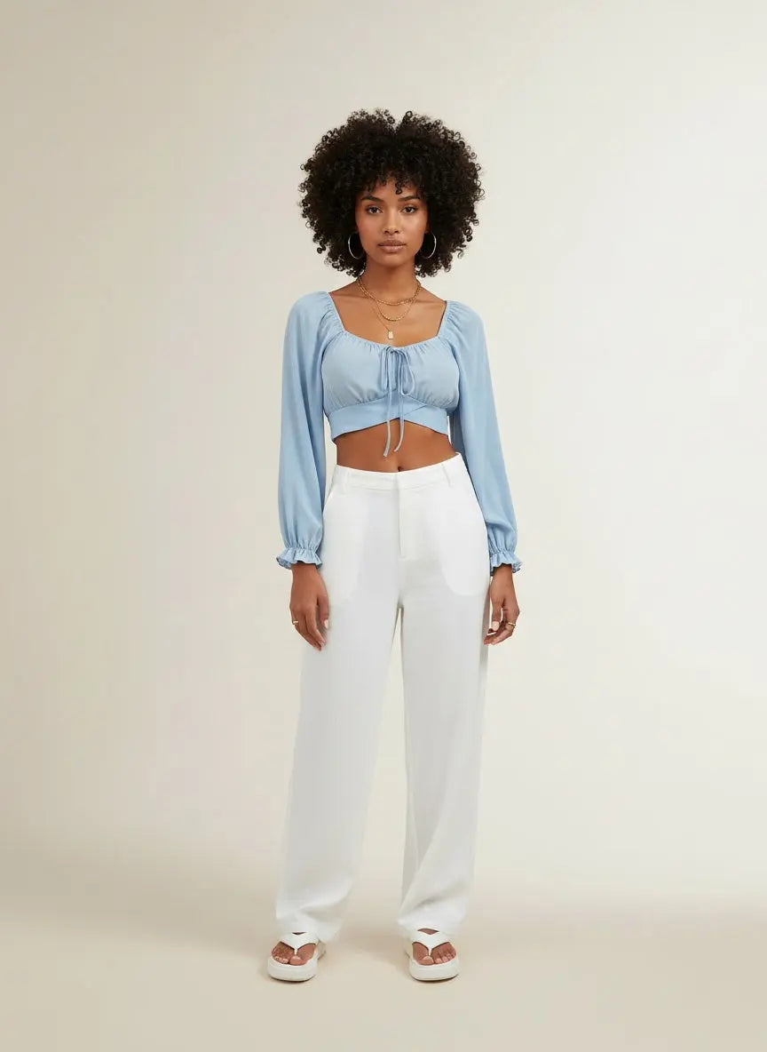 Full body view of the model wearing Honey Raglan Sleeve Cropped Blouse