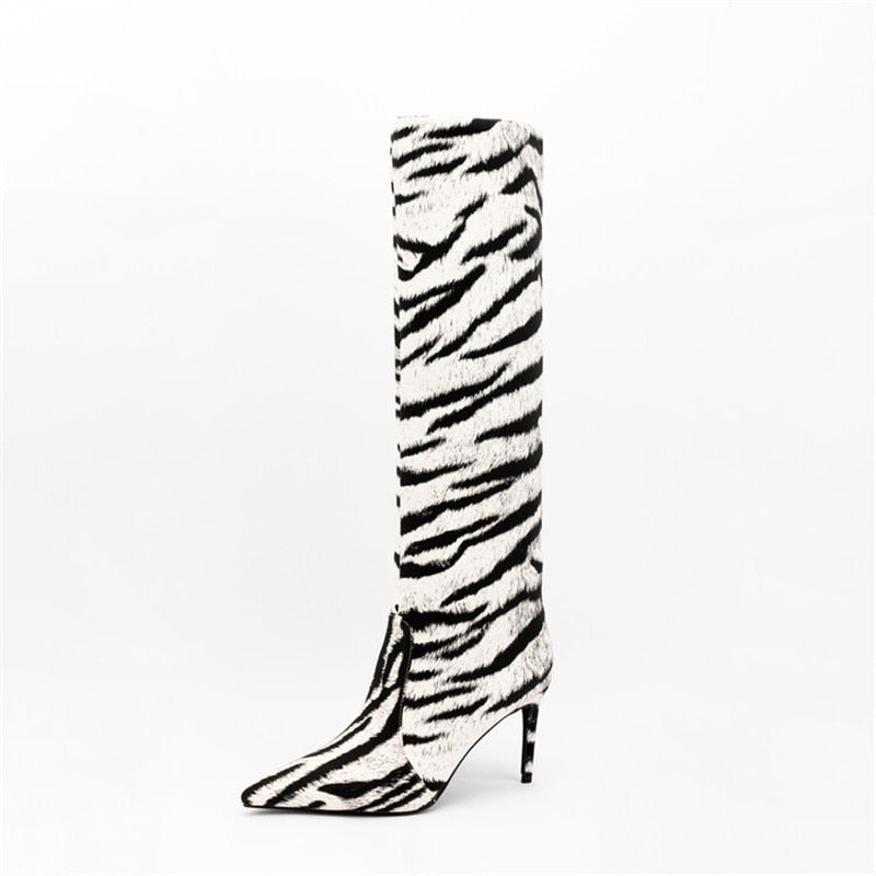 Tiger Print High Heel Pointed Toe Satin Stiletto Knee High Boots