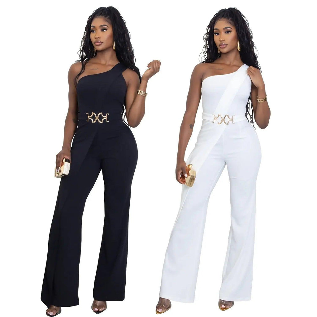 Elegant Decorative Button Asymmetrical Shoulder Jumpsuit eprolo