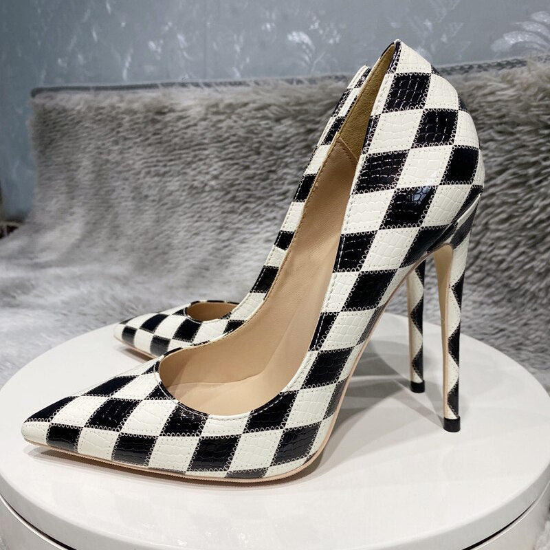 Tikicup Black White Diamond Crocodile Effect Women Pointy Toe High Heel