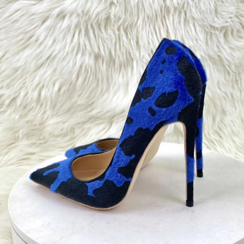 Tikicup Blue Cow Women Hairy Flock Pointy Toe High Heels eprolo