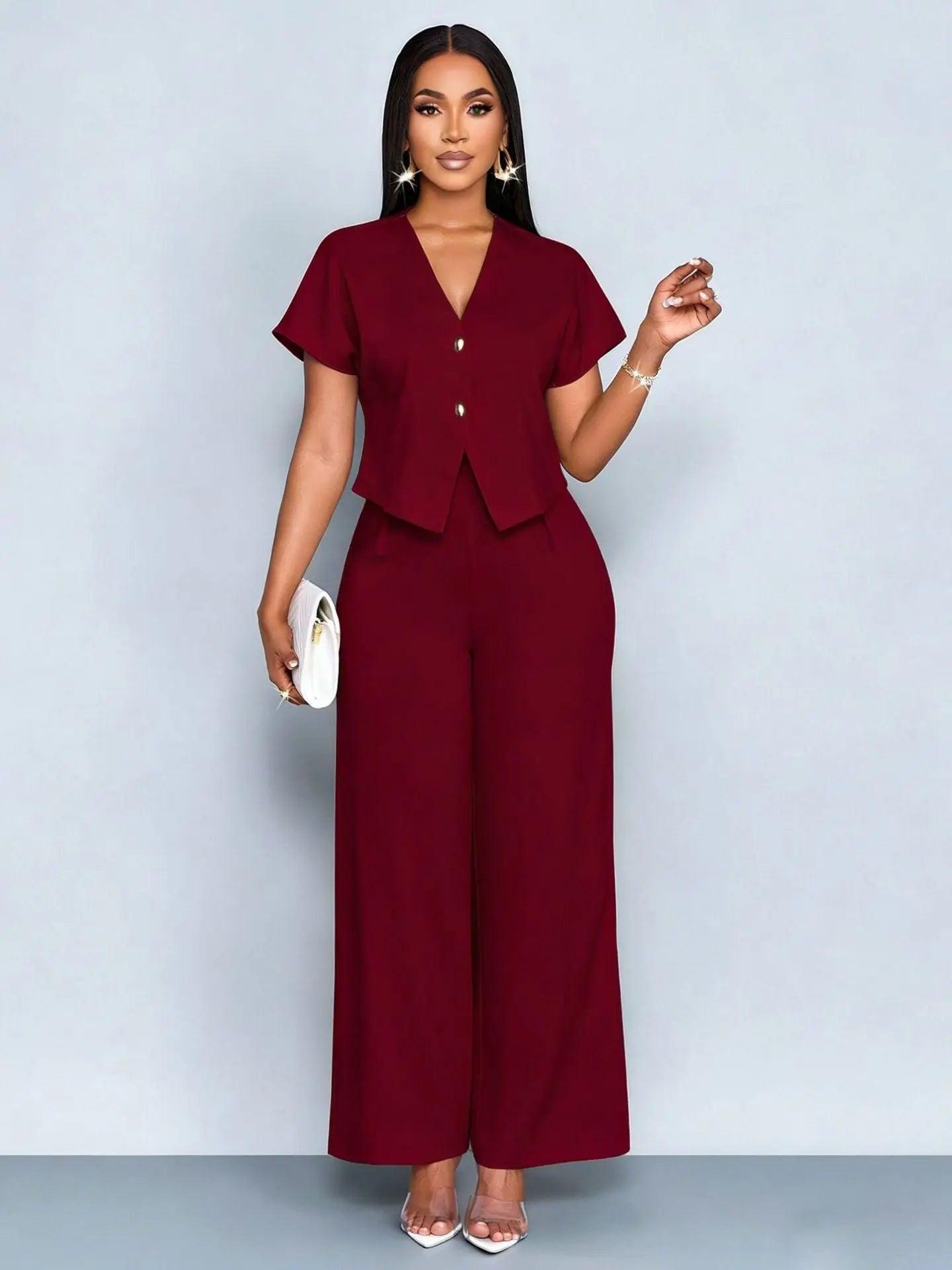 Two-Piece  Short Sleeve V-Neck Wide Leg Pants Set eprolo