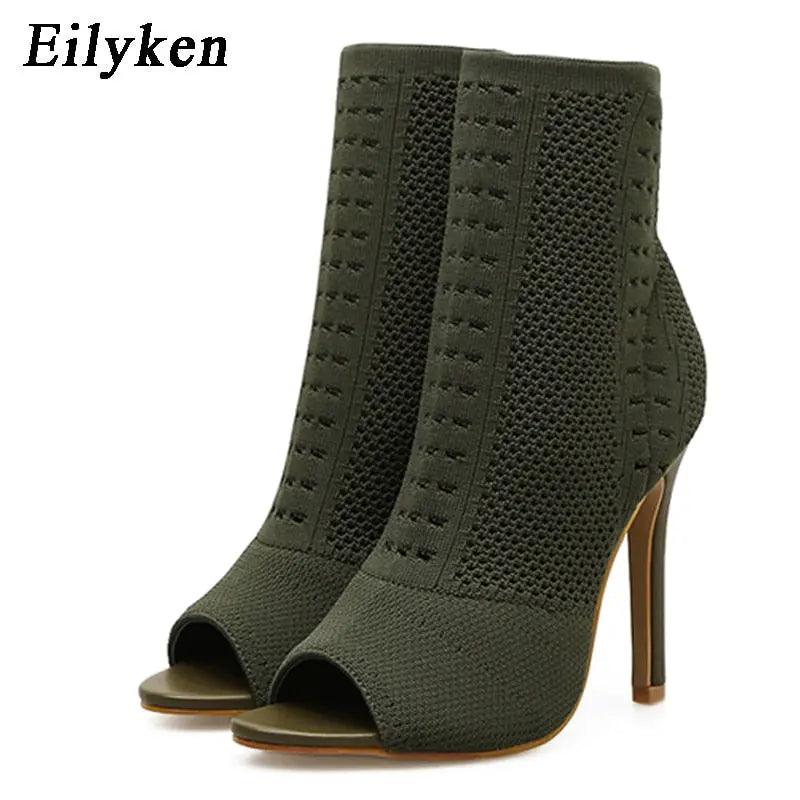 Womens Ankle Boots Green Elastic Knit Sock Open Toe eprolo
