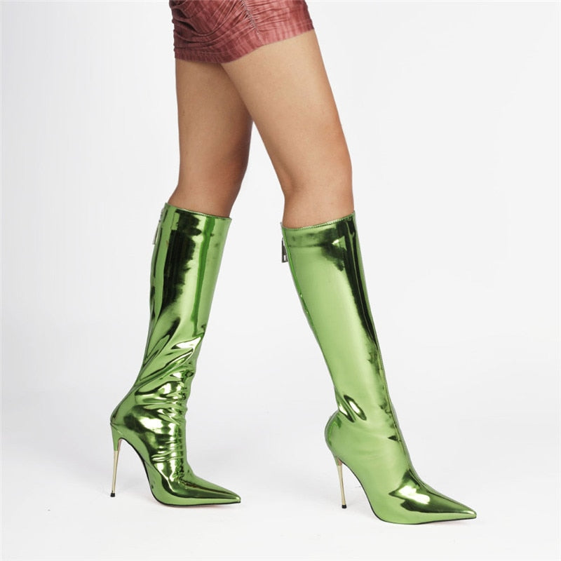 Classics Women High Heel Boots Patent Leather Back Zipper Square Toe