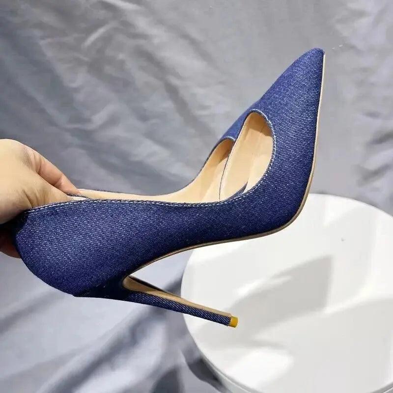 Women Navy Blue Denim Fabric Sexy  Pointy Toe High Heels eprolo