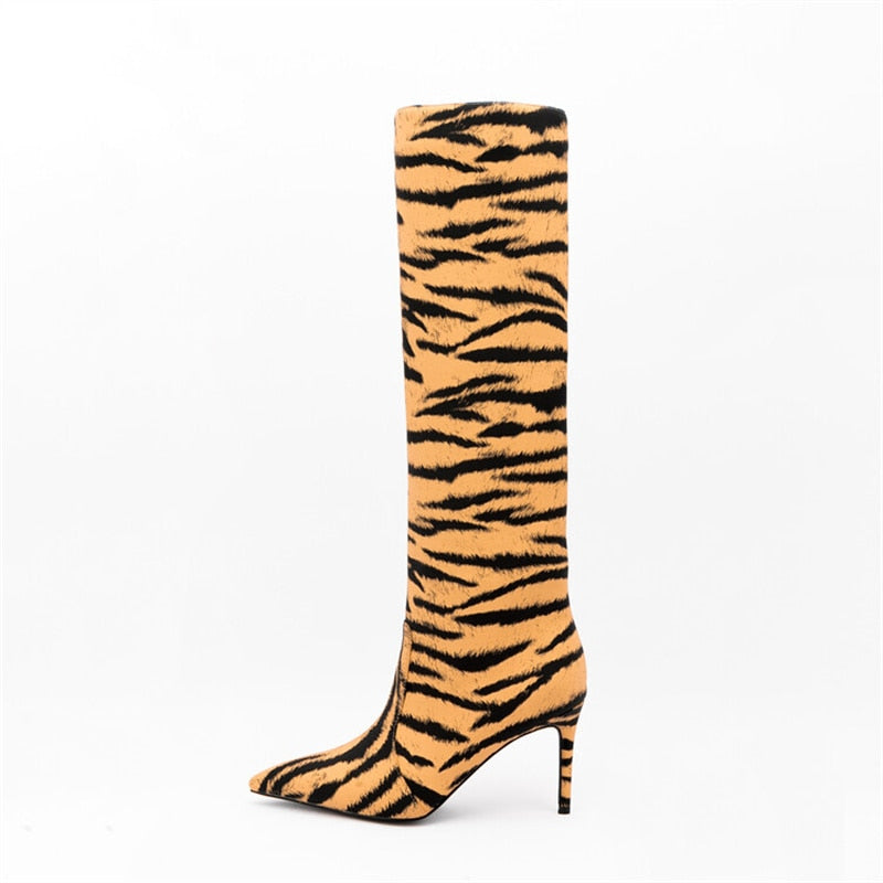 Tiger Print High Heel Pointed Toe Satin Stiletto Knee High Boots