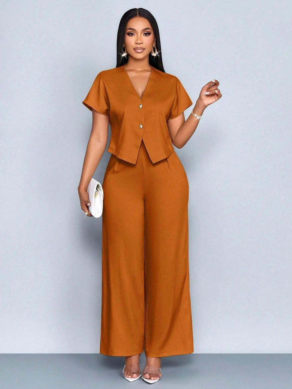 Two-Piece  Short Sleeve V-Neck Wide Leg Pants Set eprolo