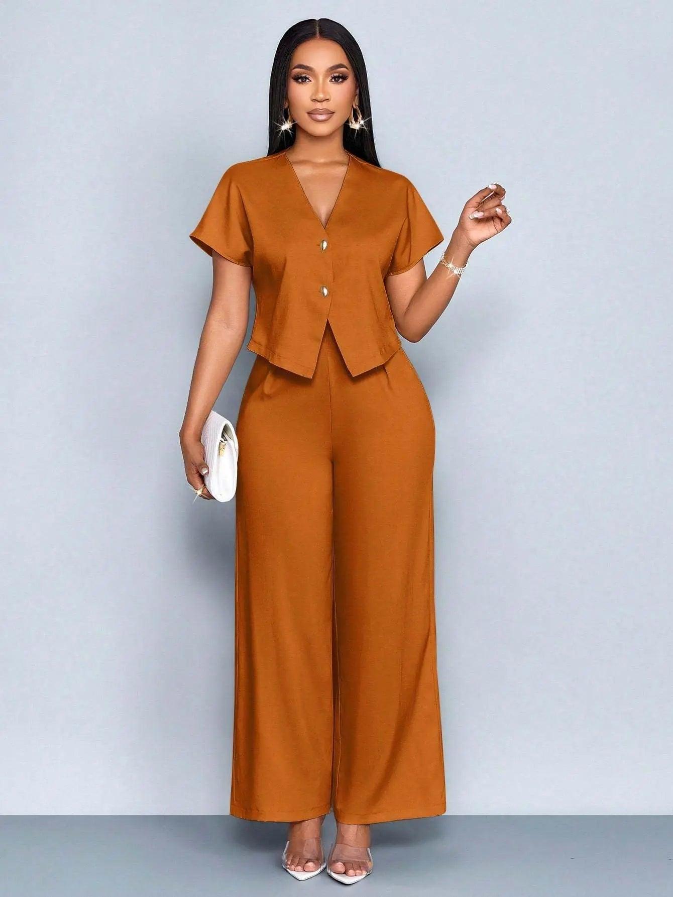Two-Piece  Short Sleeve V-Neck Wide Leg Pants Set eprolo