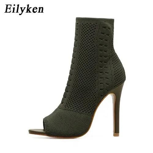 Womens Ankle Boots Green Elastic Knit Sock Open Toe eprolo