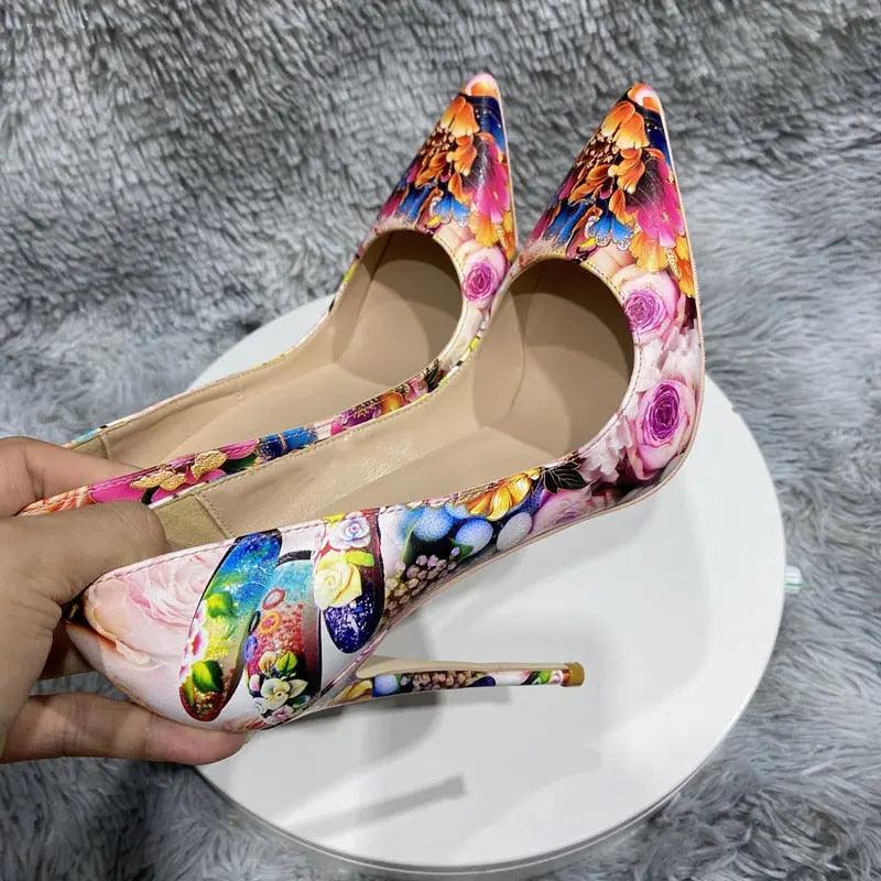 Floral Painting Print Pointy Toe High Heel eprolo