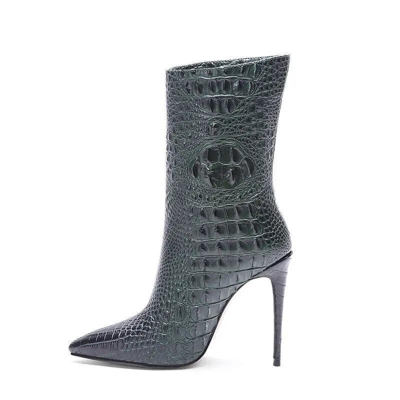 Crocodile High Heel Short Boot Pointed Thin Heel Ankle Boots eprolo