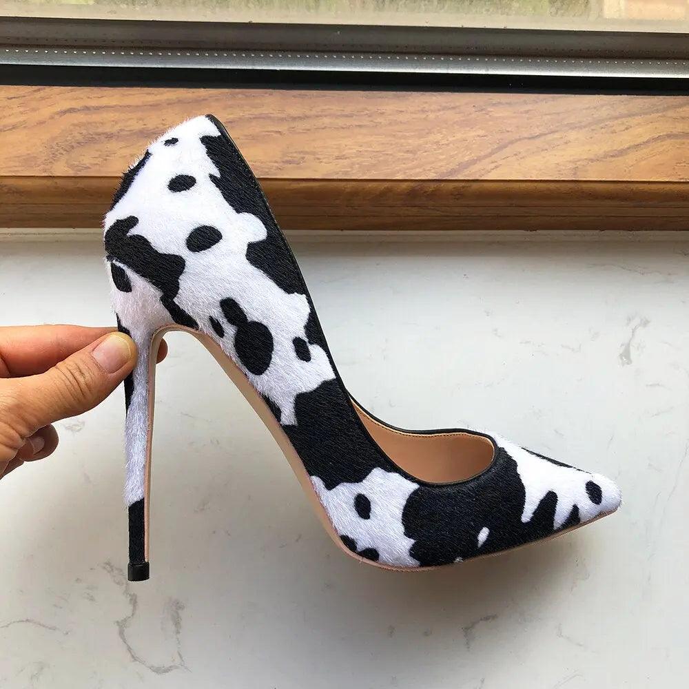 Tikicup Cow Print Women White Hairy Flock Pointy Toe High Heels eprolo