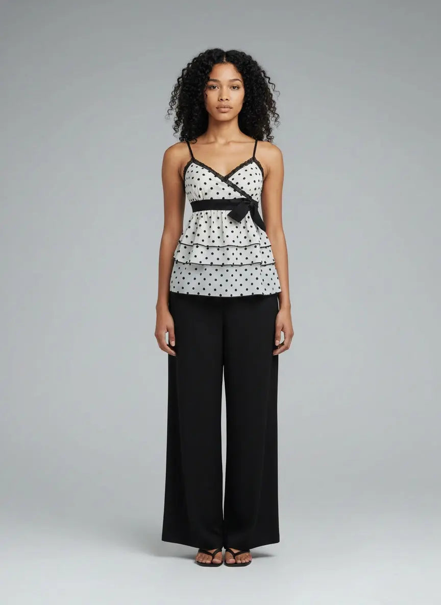 Full body view of the model wearing Polka Dot Ruffle Hem Cami with Lace Trim
