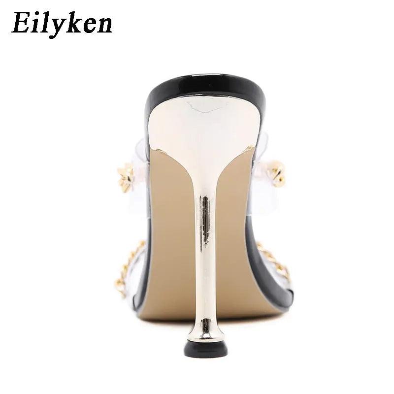 Sexy Transparent PVC Slippers Summer Thin High Heels Fashion With Chain Design Slip On eprolo
