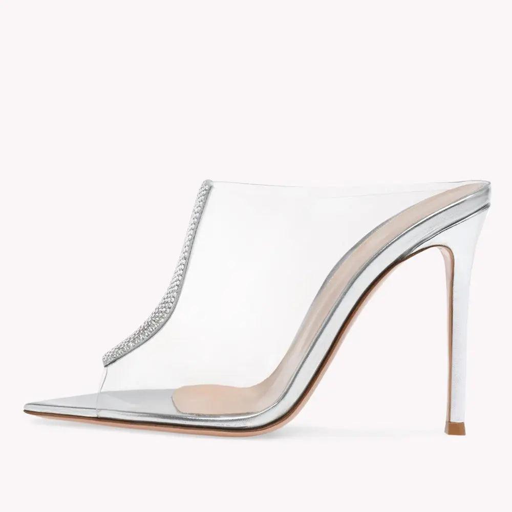 One-Line Rhinestone Pointed Fish Mouth Sexy High-Heeled Slippers eprolo