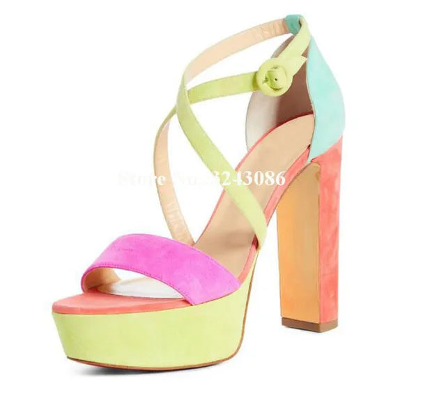 Lady New Candy Color Platform Chunky Heel Sandals