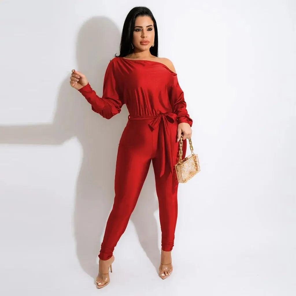 One Shoulder Lace Up Long Sleeved Trousers Jumpsuit eprolo