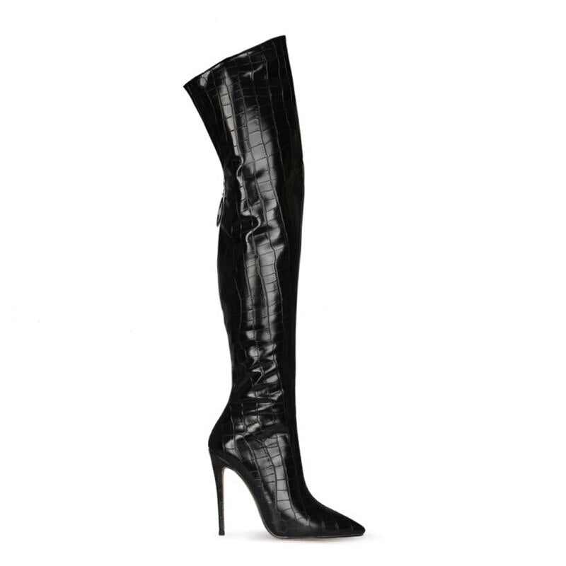 Mstacchi Back Zipper Women Over The Knee Boots Sexy Plaid Stripes Thin Heel Party Stiletto