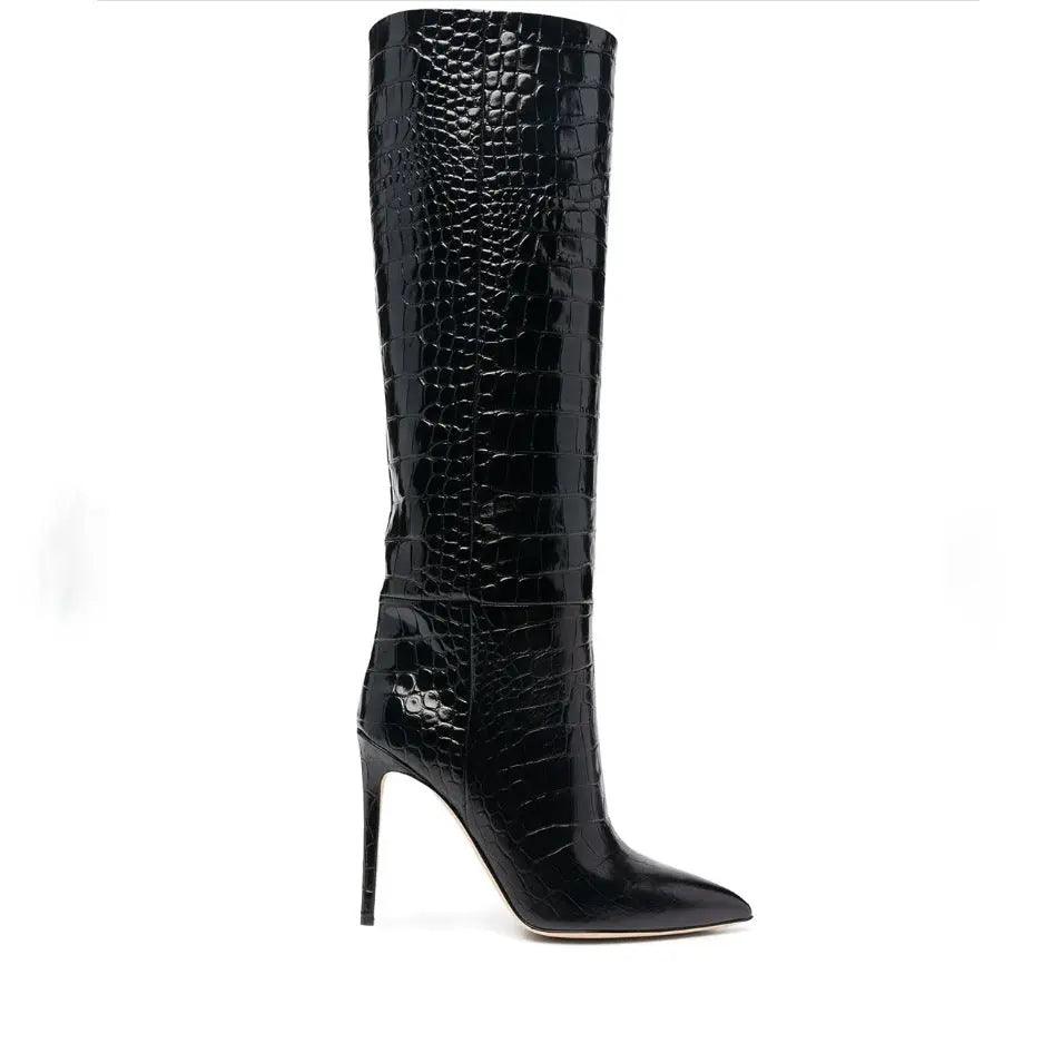 Women's High Boot Slip-on Crocodile Print Pointy Toe eprolo