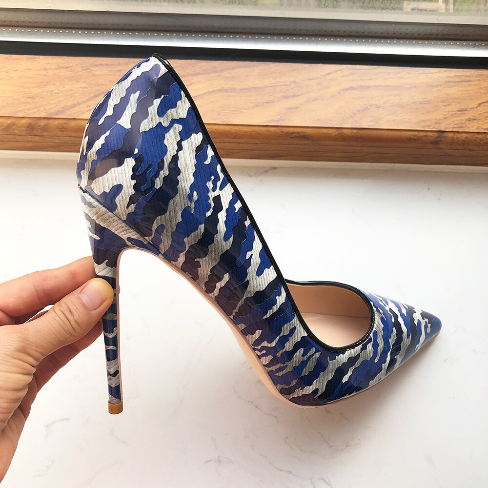 Tikicup Blue Women Patent Printed Pointy Toe High Heels