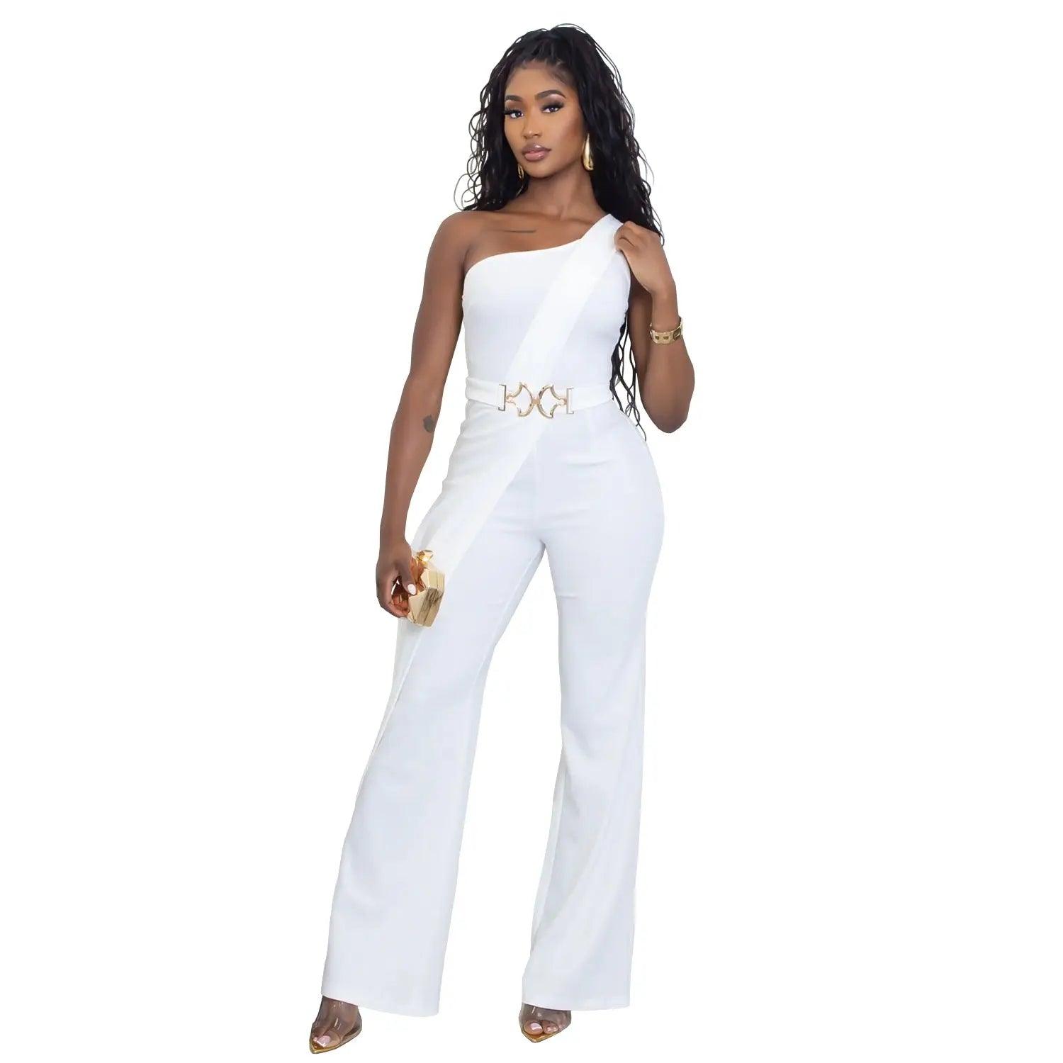 Elegant Decorative Button Asymmetrical Shoulder Jumpsuit eprolo