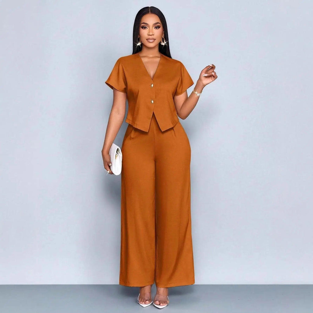 Two-Piece  Short Sleeve V-Neck Wide Leg Pants Set eprolo