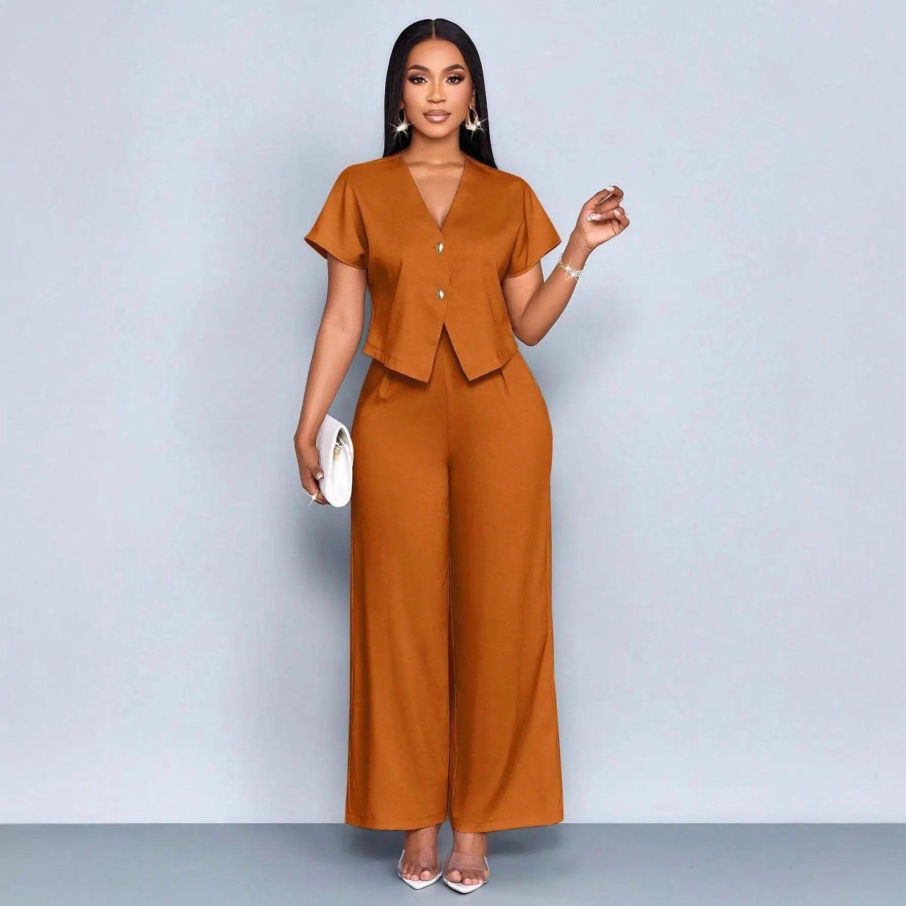 Two-Piece  Short Sleeve V-Neck Wide Leg Pants Set eprolo