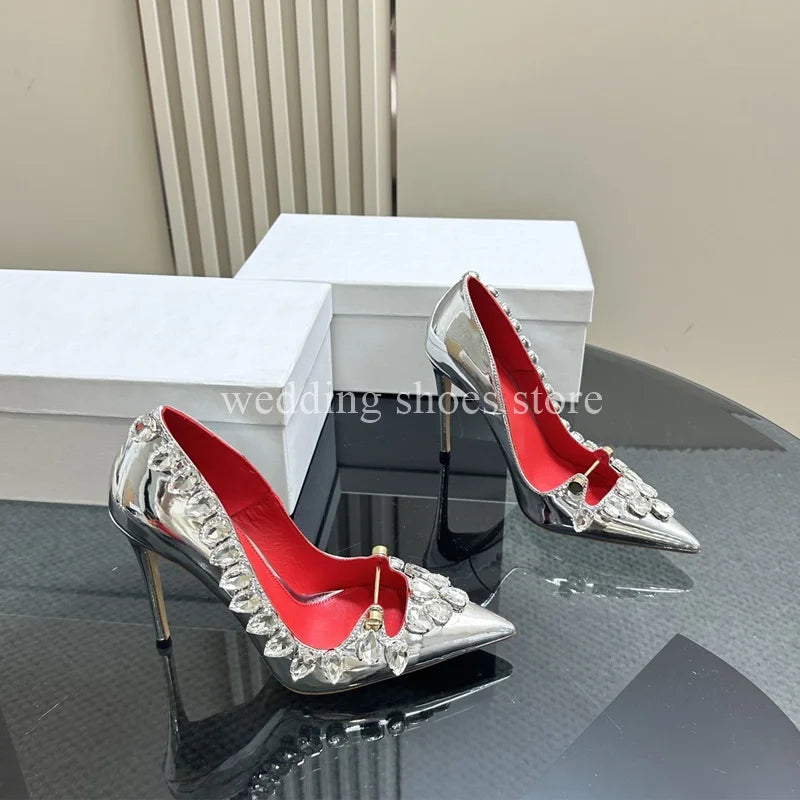 Rhinestone Heels Patent Leather Sexy Pointed Toe