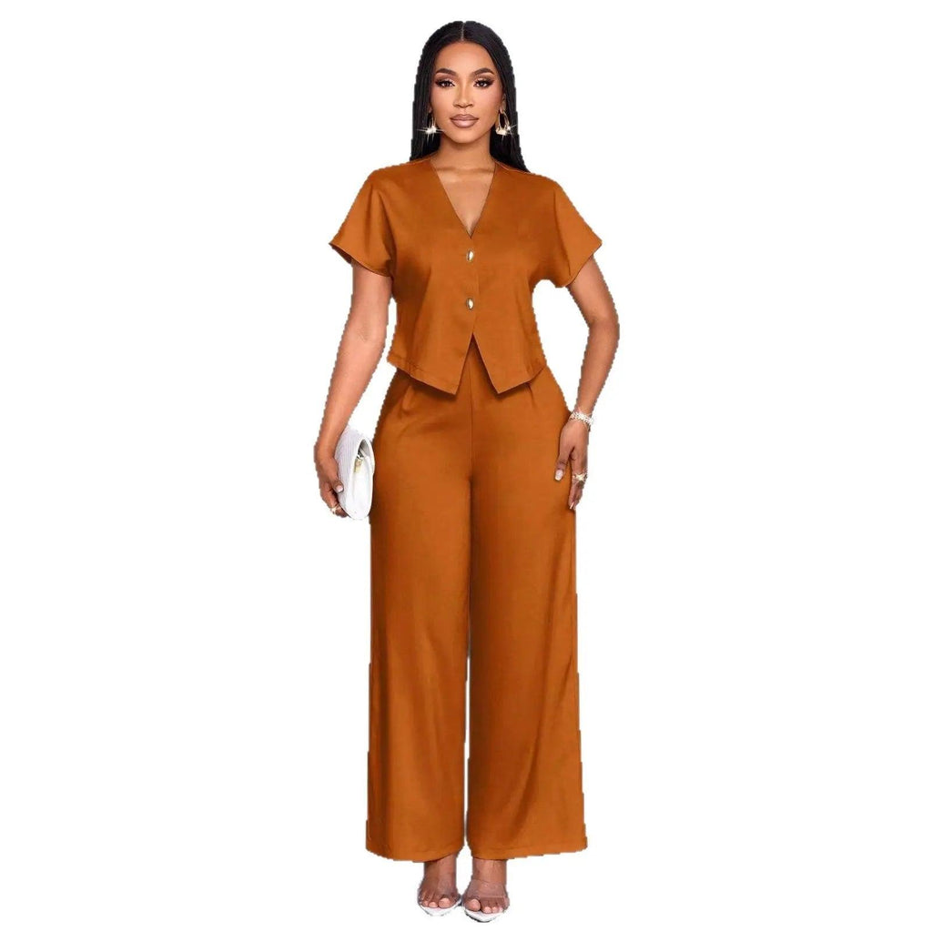 Two-Piece  Short Sleeve V-Neck Wide Leg Pants Set eprolo