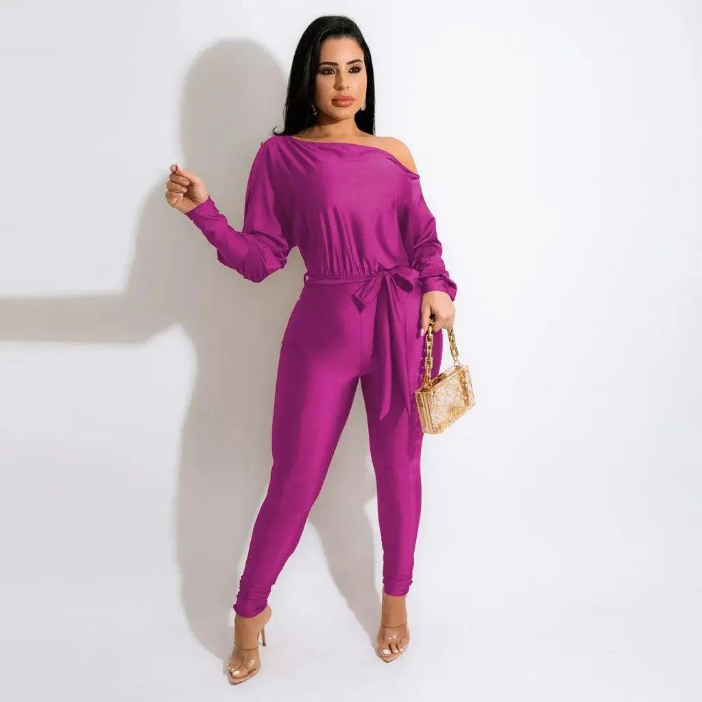 One Shoulder Lace Up Long Sleeved Trousers Jumpsuit eprolo