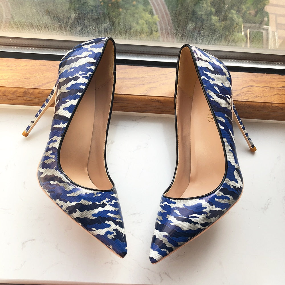 Tikicup Blue Women Patent Printed Pointy Toe High Heels