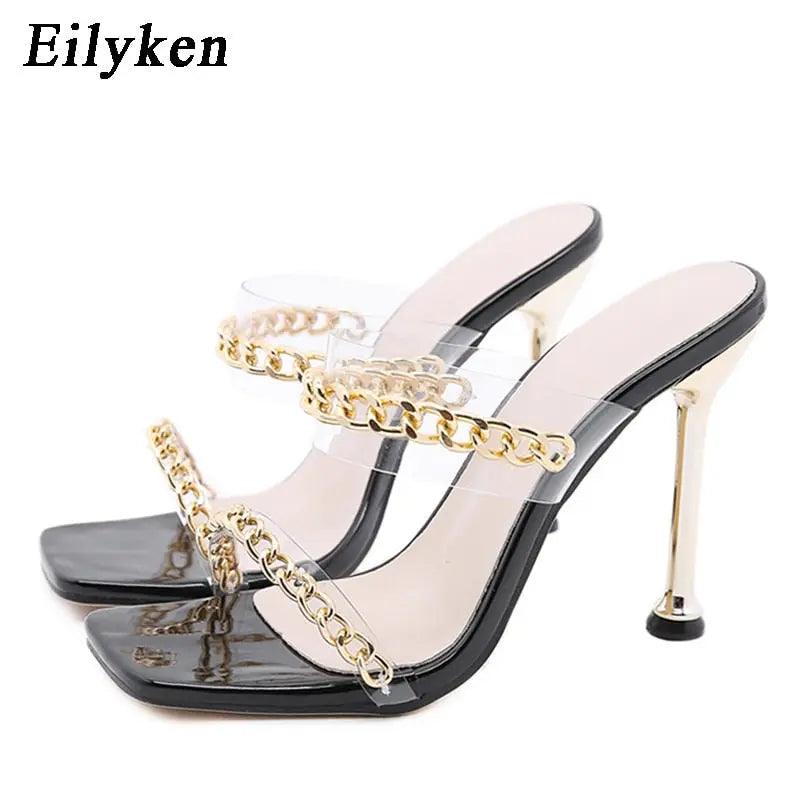 Sexy Transparent PVC Slippers Summer Thin High Heels Fashion With Chain Design Slip On eprolo