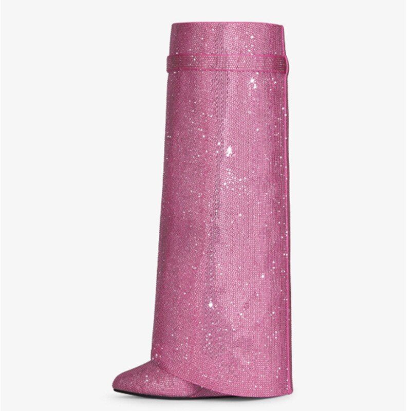 Pink Rhinestone Round Toe Wedge Knee-High Boots