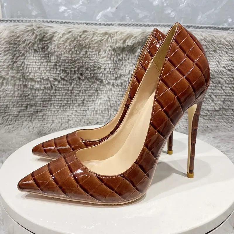 Tikicup Coffee Brown Crocodile Effect Sexy Pointy Toe eprolo