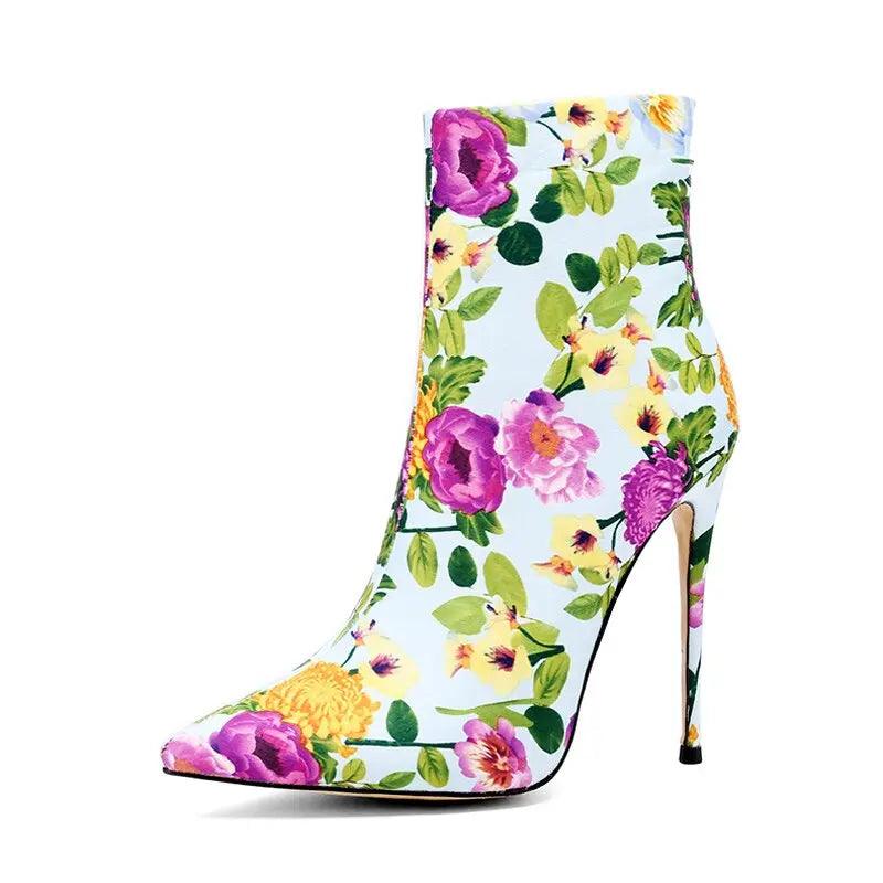 Women Pointed Toe Sexy Stilettos Steel Heels Flowers Ankle Boots eprolo