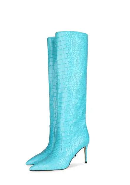 Women Knee High Boots Fluorescent Crocodile Leather Pointed Toe eprolo