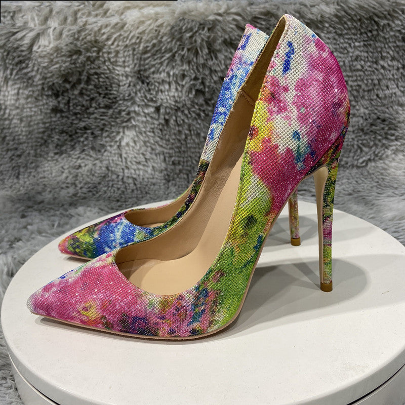 Tikicup Floral Bling Sequined Women Pointy Toe High Heel