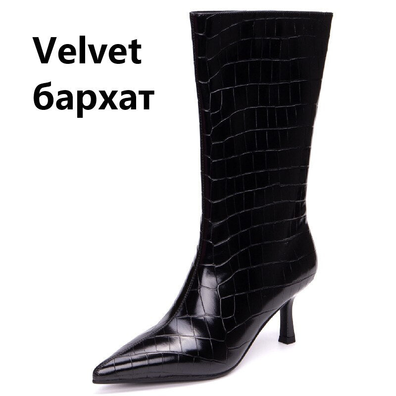 Pointed Toe Thin High Heels Women Mid-Calf Boots
