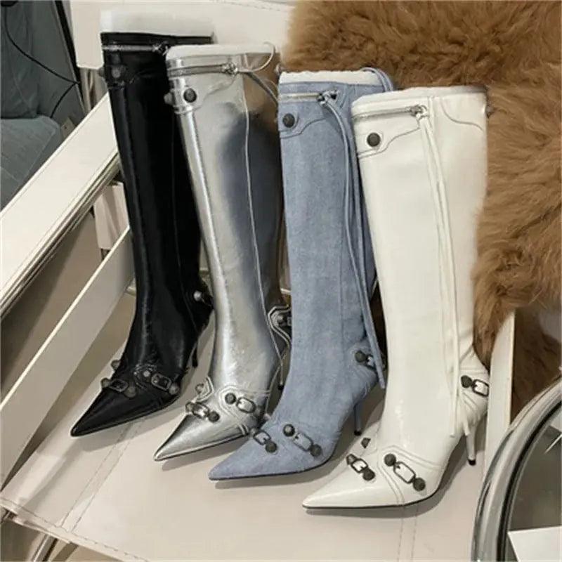 Zipper-Sid Long Botas De Mujer Metal Rivet Women High Knee Pointed Toe Boots eprolo