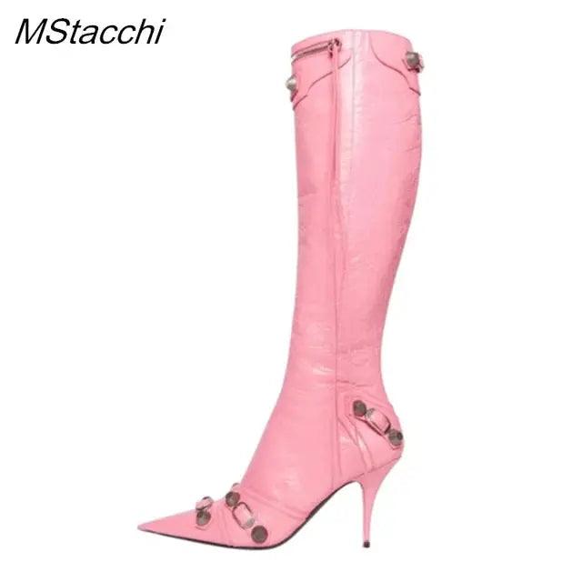 Zipper-Sid Long Botas De Mujer Metal Rivet Women High Knee Pointed Toe Boots eprolo