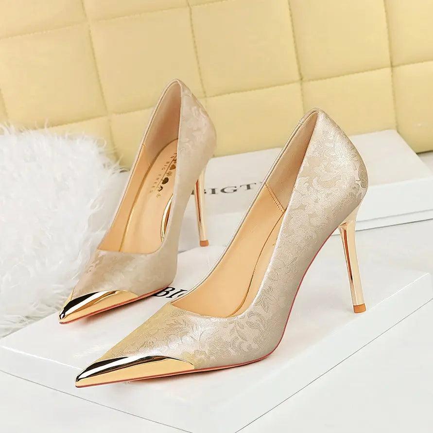 Chinese style women's high heels, silk thin heels, shallow mouth metal pointed satin, banquet high heels, single shoes for women eprolo